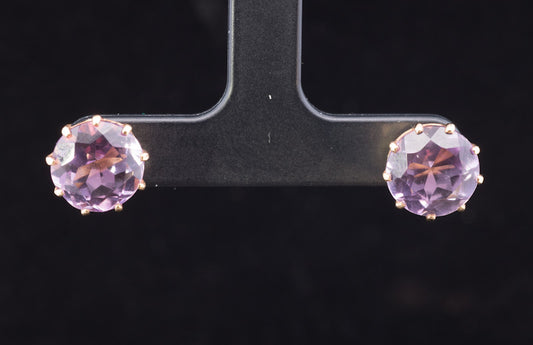Vintage Round Amethyst 9ct Gold Stud Earrings. Good Size. Almost 10mm