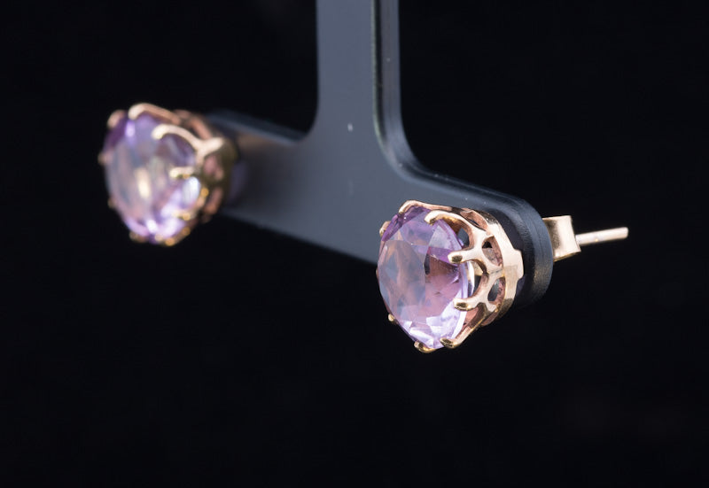 Vintage Round Amethyst 9ct Gold Stud Earrings. Good Size. Almost 10mm