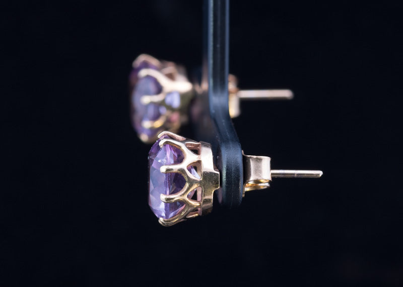 Vintage Round Amethyst 9ct Gold Stud Earrings. Good Size. Almost 10mm