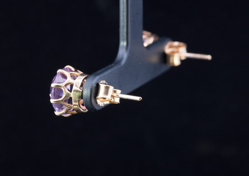 Vintage Round Amethyst 9ct Gold Stud Earrings. Good Size. Almost 10mm