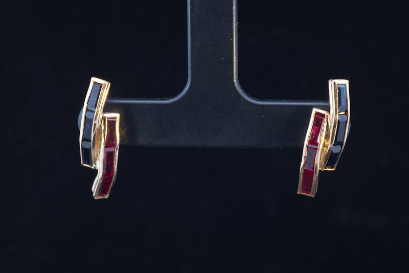 Striking Vintage 18ct Sapphire and Ruby Art Deco Style Earrings. Circa 1980`s