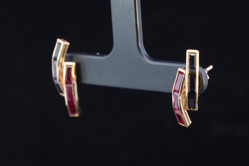 Striking Vintage 18ct Sapphire and Ruby Art Deco Style Earrings. Circa 1980`s