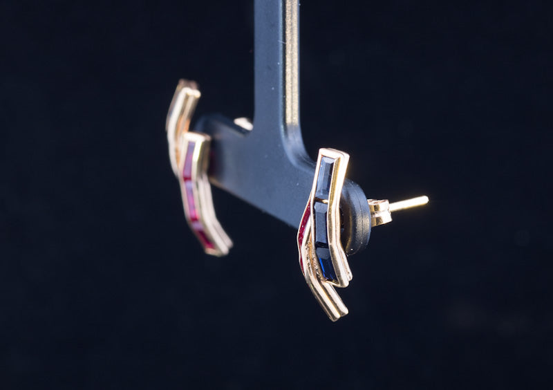 Striking Vintage 18ct Sapphire and Ruby Art Deco Style Earrings. Circa 1980`s