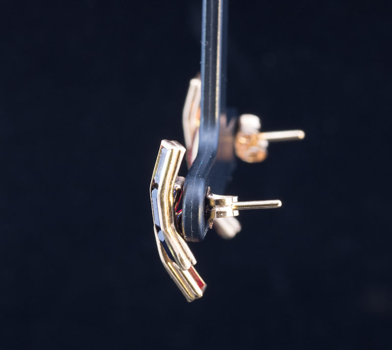 Striking Vintage 18ct Sapphire and Ruby Art Deco Style Earrings. Circa 1980`s