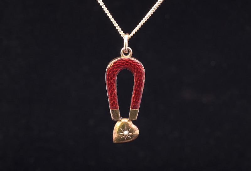 Rare Antique 9ct Gold, Enamel and Natural Split Pearl Heart & Magnet Pendant.