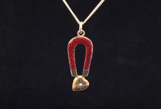 Rare Antique 9ct Gold, Enamel and Natural Split Pearl Heart & Magnet Pendant.