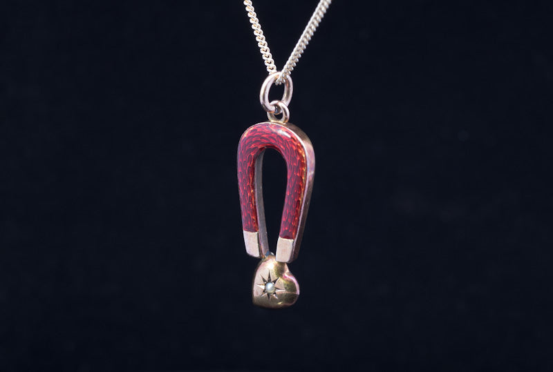 Rare Antique 9ct Gold, Enamel and Natural Split Pearl Heart & Magnet Pendant.