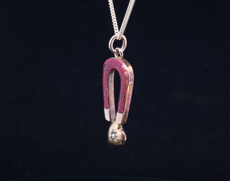 Rare Antique 9ct Gold, Enamel and Natural Split Pearl Heart & Magnet Pendant.