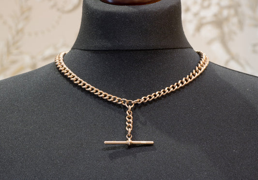 Vintage 9ct Rose Gold Double Albert Watch Chain with T-Bar. Graduated Curb Link.