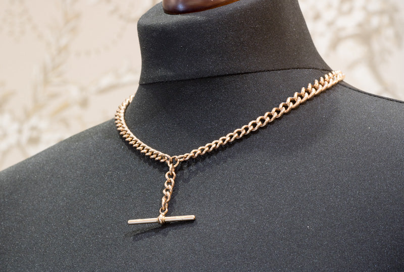 Vintage 9ct Rose Gold Double Albert Watch Chain with T-Bar. Graduated Curb Link.