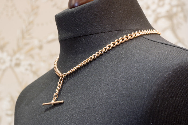 Vintage 9ct Rose Gold Double Albert Watch Chain with T-Bar. Graduated Curb Link.
