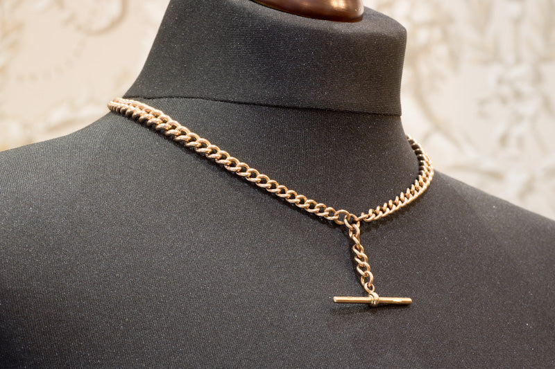 Vintage 9ct Rose Gold Double Albert Watch Chain with T-Bar. Graduated Curb Link.