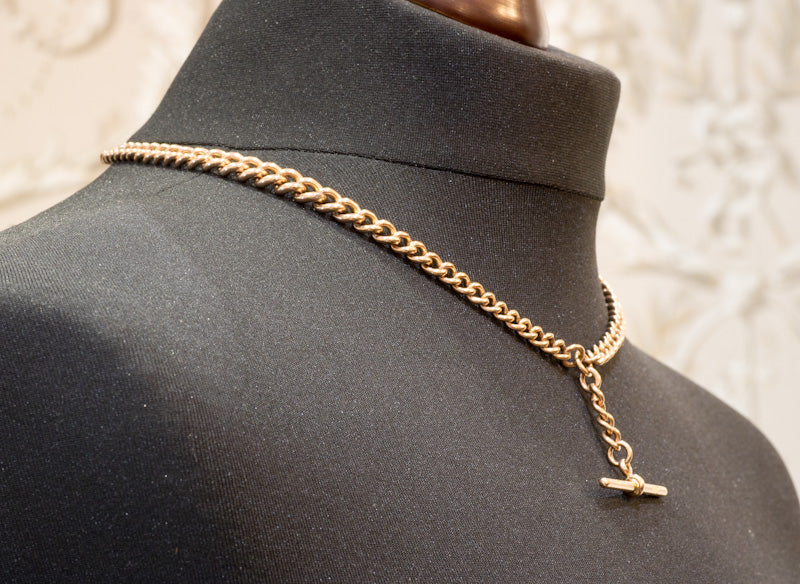 Vintage 9ct Rose Gold Double Albert Watch Chain with T-Bar. Graduated Curb Link.