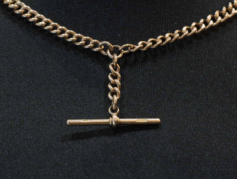 Vintage 9ct Rose Gold Double Albert Watch Chain with T-Bar. Graduated Curb Link.