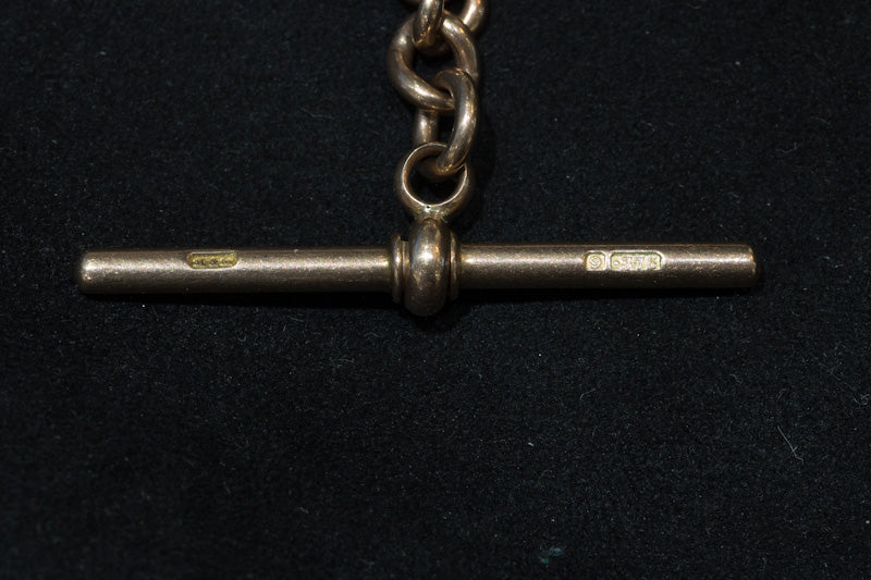 Vintage 9ct Rose Gold Double Albert Watch Chain with T-Bar. Graduated Curb Link.