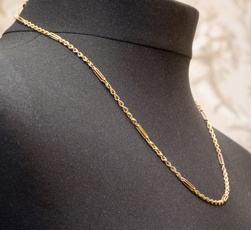 Antique Edwardian Solid 15ct Gold Fancy Trombone / Fetter Link Chain C.1900. 20.5 Inches.