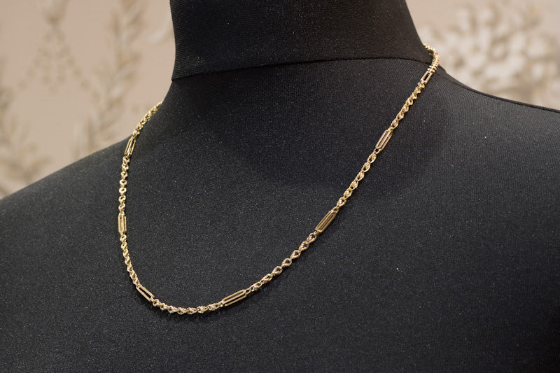 Antique Edwardian Solid 15ct Gold Fancy Trombone / Fetter Link Chain C.1900. 20.5 Inches.