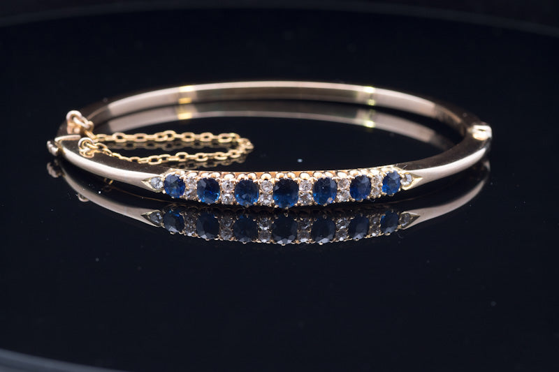 Superb Antique Sapphire and Diamond 18ct Gold Hinged Bangle C.1900. Original Case.