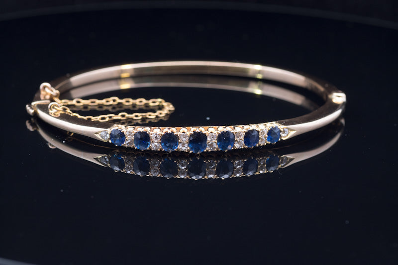 Superb Antique Sapphire and Diamond 18ct Gold Hinged Bangle C.1900. Original Case.