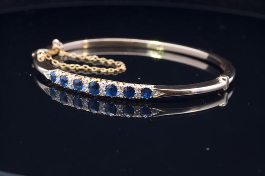 Superb Antique Sapphire and Diamond 18ct Gold Hinged Bangle C.1900. Original Case.