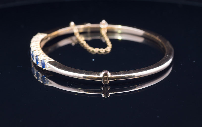 Superb Antique Sapphire and Diamond 18ct Gold Hinged Bangle C.1900. Original Case.