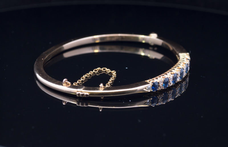 Superb Antique Sapphire and Diamond 18ct Gold Hinged Bangle C.1900. Original Case.