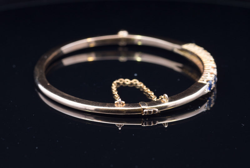 Superb Antique Sapphire and Diamond 18ct Gold Hinged Bangle C.1900. Original Case.