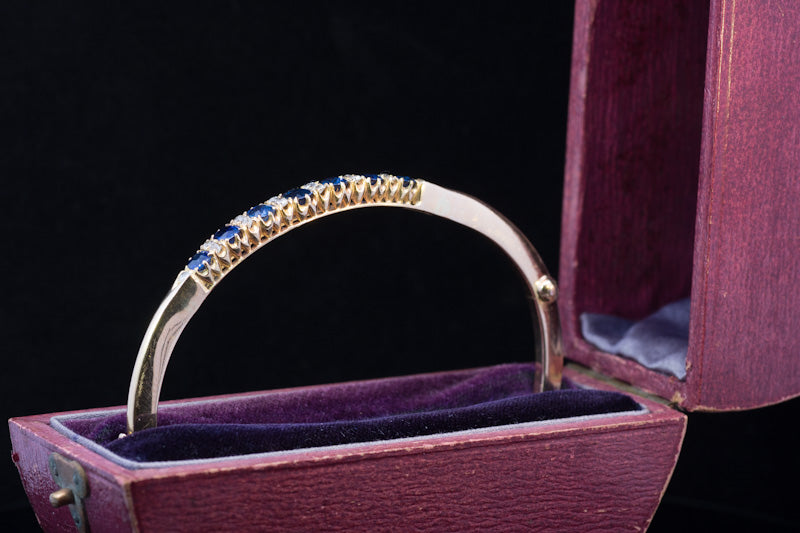 Superb Antique Sapphire and Diamond 18ct Gold Hinged Bangle C.1900. Original Case.