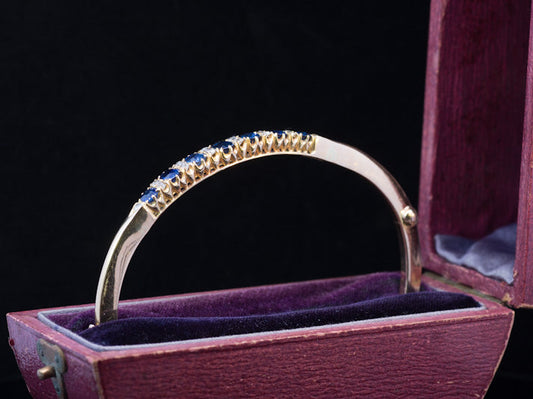 Superb Antique Sapphire and Diamond 18ct Gold Hinged Bangle C.1900. Original Case.