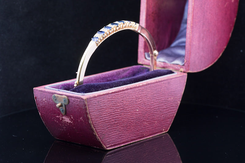 Superb Antique Sapphire and Diamond 18ct Gold Hinged Bangle C.1900. Original Case.