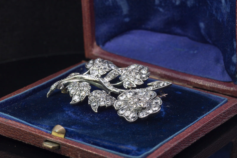 Beautiful Antique Old Mine Cut Diamond Brooch. English  C.1850. Gold back, Silver settings.