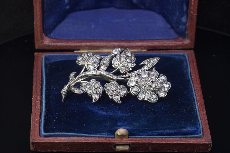 Beautiful Antique Old Mine Cut Diamond Brooch. English  C.1850. Gold back, Silver settings.