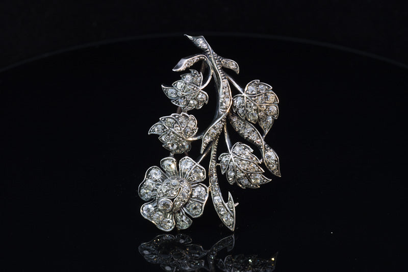 Beautiful Antique Old Mine Cut Diamond Brooch. English  C.1850. Gold back, Silver settings.