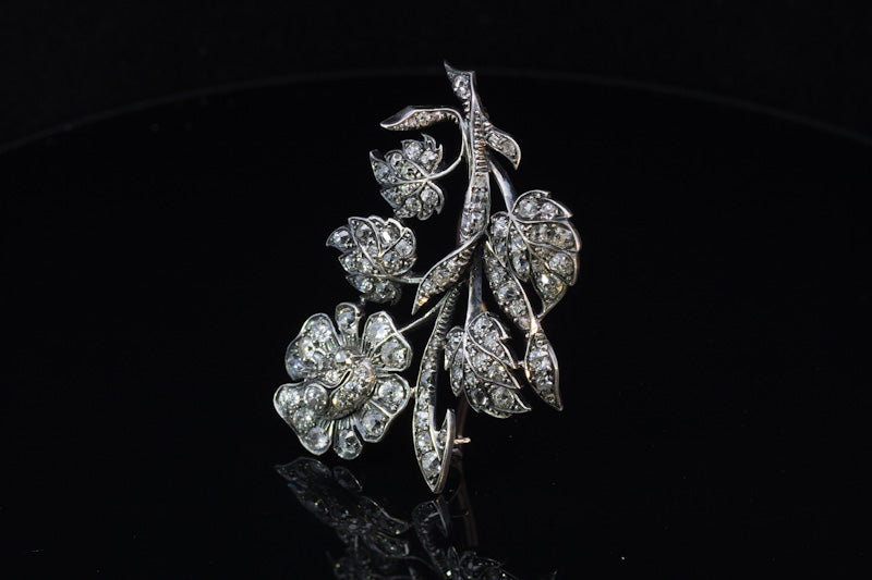 Beautiful Antique Old Mine Cut Diamond Brooch. English  C.1850. Gold back, Silver settings.