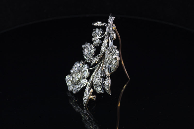 Beautiful Antique Old Mine Cut Diamond Brooch. English  C.1850. Gold back, Silver settings.