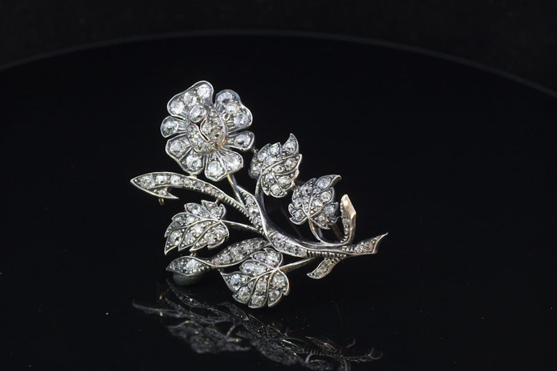 Beautiful Antique Old Mine Cut Diamond Brooch. English  C.1850. Gold back, Silver settings.
