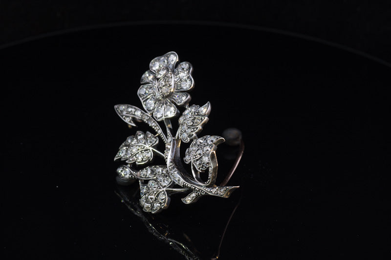 Beautiful Antique Old Mine Cut Diamond Brooch. English  C.1850. Gold back, Silver settings.
