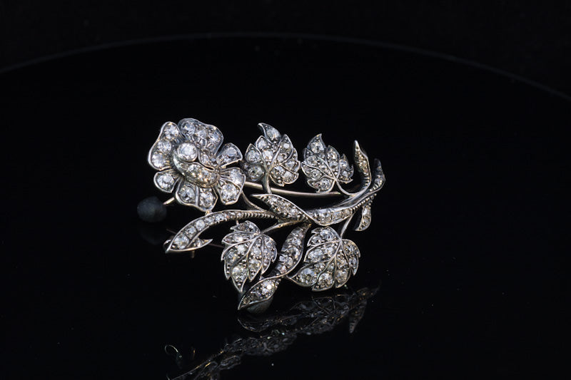 Beautiful Antique Old Mine Cut Diamond Brooch. English  C.1850. Gold back, Silver settings.