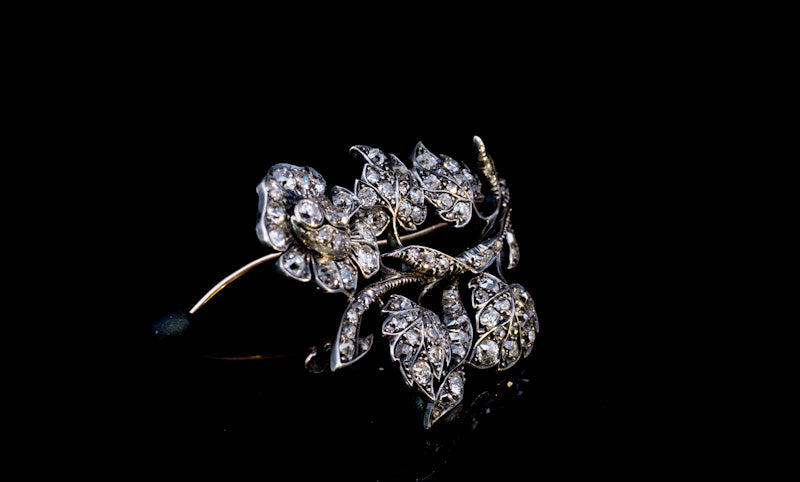 Beautiful Antique Old Mine Cut Diamond Brooch. English  C.1850. Gold back, Silver settings.