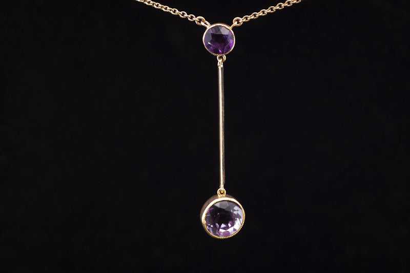 9ct Gold Amethyst Lavalier Drop Pendant. English Circa 1910 - 1920. Negligee Necklace.