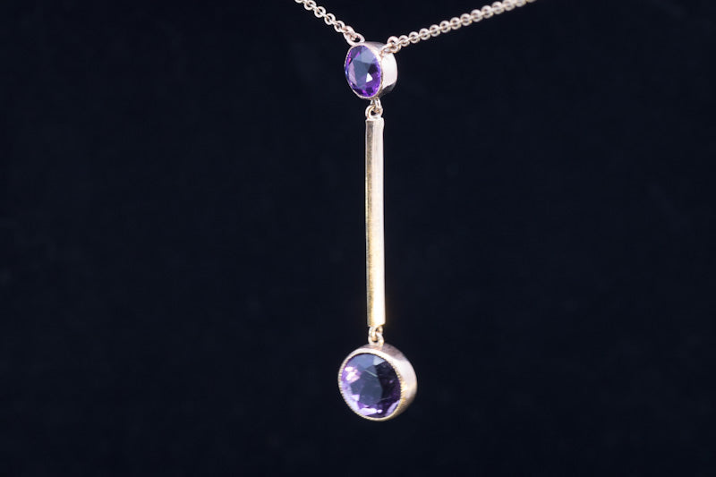 9ct Gold Amethyst Lavalier Drop Pendant. English Circa 1910 - 1920. Negligee Necklace.