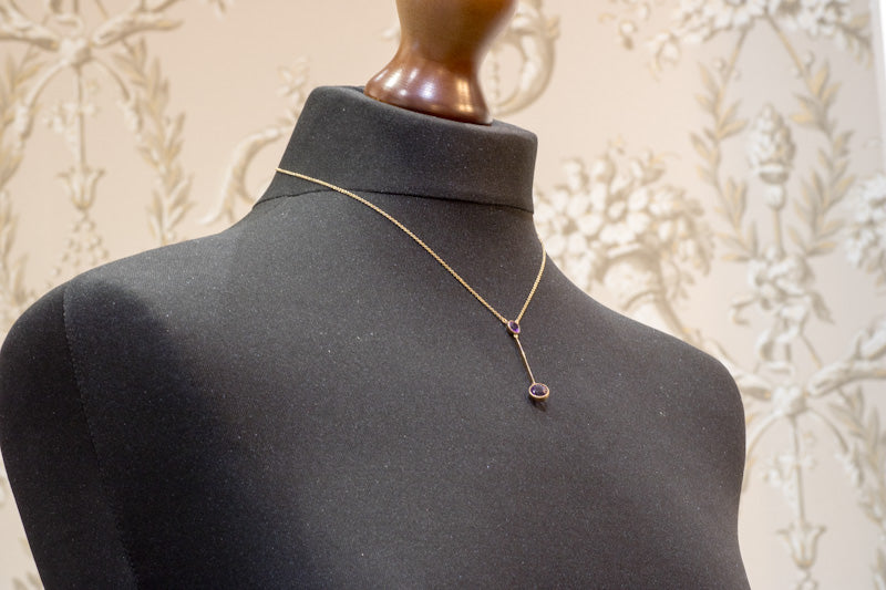 9ct Gold Amethyst Lavalier Drop Pendant. English Circa 1910 - 1920. Negligee Necklace.
