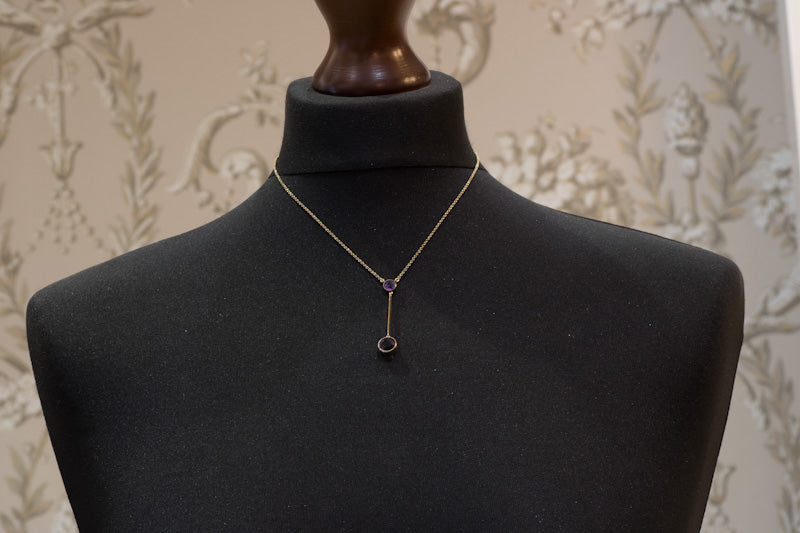 9ct Gold Amethyst Lavalier Drop Pendant. English Circa 1910 - 1920. Negligee Necklace.