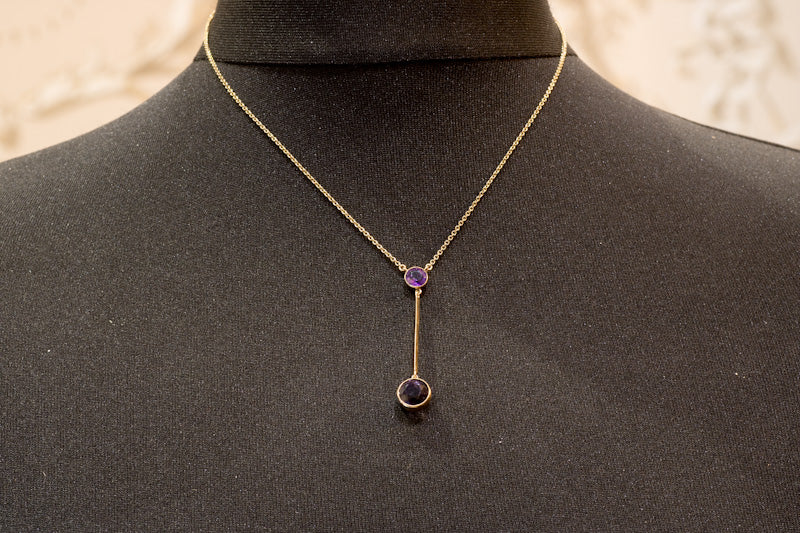 9ct Gold Amethyst Lavalier Drop Pendant. English Circa 1910 - 1920. Negligee Necklace.