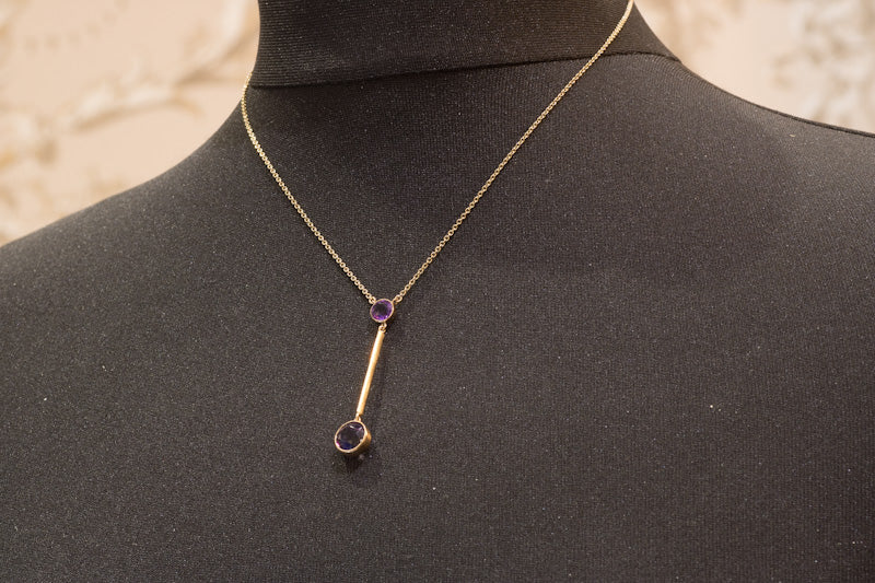9ct Gold Amethyst Lavalier Drop Pendant. English Circa 1910 - 1920. Negligee Necklace.