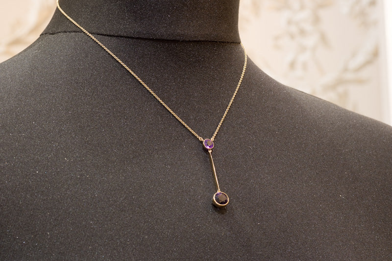 9ct Gold Amethyst Lavalier Drop Pendant. English Circa 1910 - 1920. Negligee Necklace.