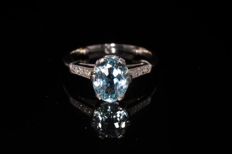 Platinum Art Deco Aquamarine and Diamond Ring. 1.9ct. Diamond Shoulders. Circa 1910