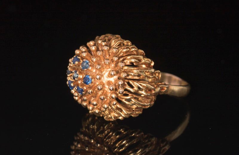 Vintage Mid Century, 1960's 18ct Gold and Sapphire Cocktail Bombe Ring. Italian Statement Ring.