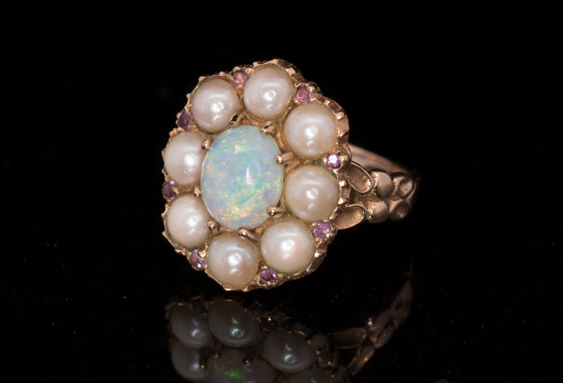 Vintage 9ct Gold, Opal, Cultured Pearl & Ruby, Georgian Style Cluster Ring.