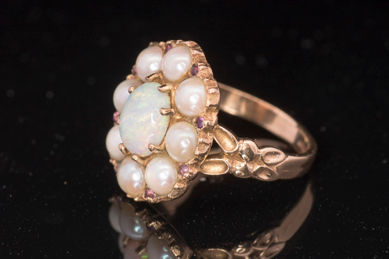 Vintage 9ct Gold, Opal, Cultured Pearl & Ruby, Georgian Style Cluster Ring.